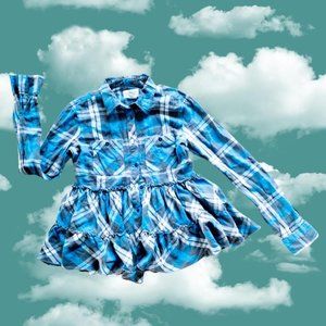 RALPH LAUREN DENIM AND SUPPLY BLUE AND GREY PLAID RUFFLE COLLARED SHIRT